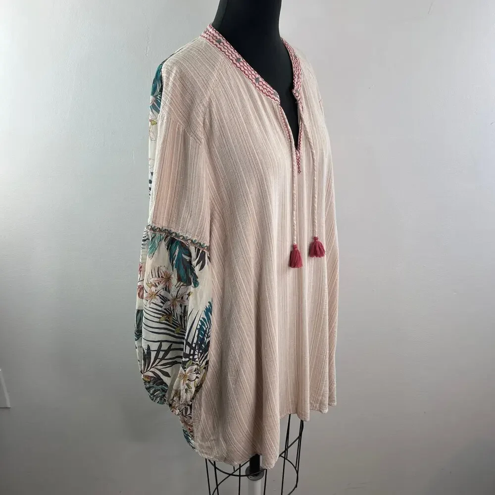 Johnny Was Effortless Peasant Top Puff Tropical Floral Tassel-Tie Split Neck 1X